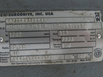 Sew Eurodrive KA77TDV160M4 Gearmotor 15Hp 230/460 3PH 129rpm 13.5:1 Hollow Shaft