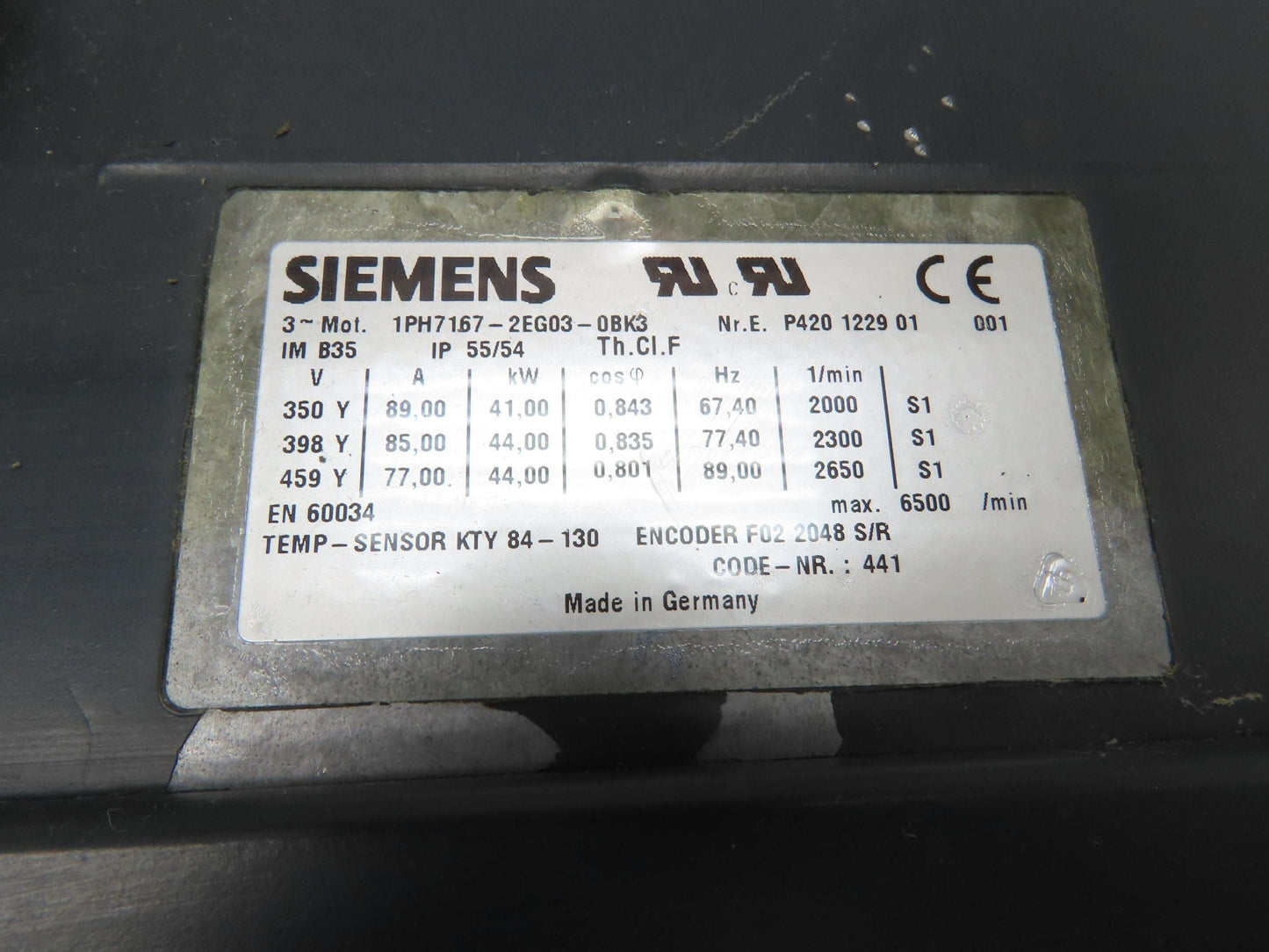 Siemens 1PH7167-2EG03-0BK3 AC Servo Motor 44kw 3PH Encoder F02 2048 S/R