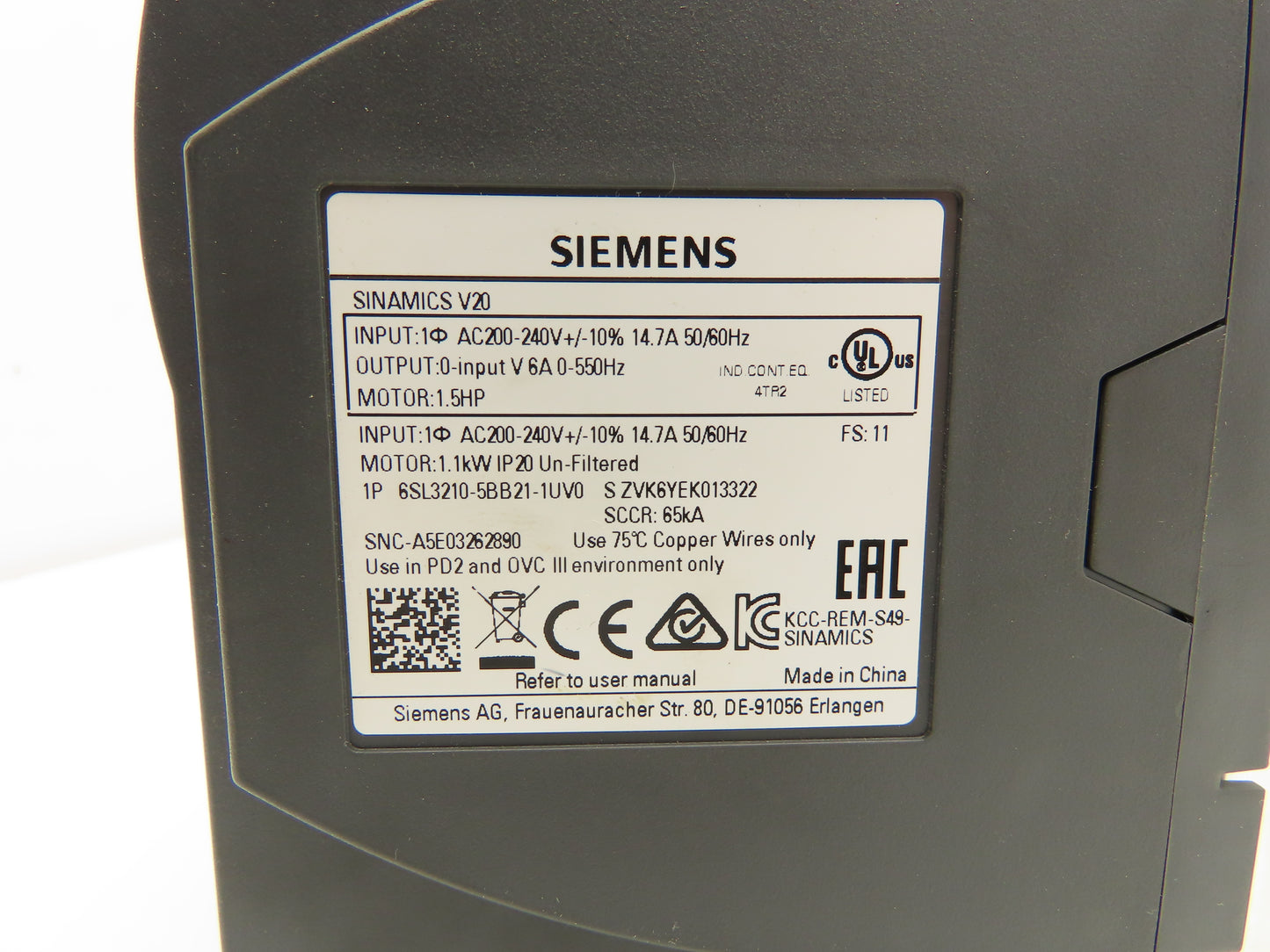 Siemens 6SL3210-5BB21-1UV0 Sinamics Variable Frequency Drive VFD 1.5Hp 240V 1Ph