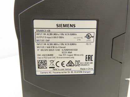 Siemens 6SL3210-5BB21-1UV0 Sinamics Variable Frequency Drive VFD 1.5Hp 240V 1Ph