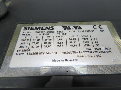 Siemens 1PH7167-2ED03-0BK5 AC Servo Motor 28-34kw 3PH Encoder F02 2048 S/R