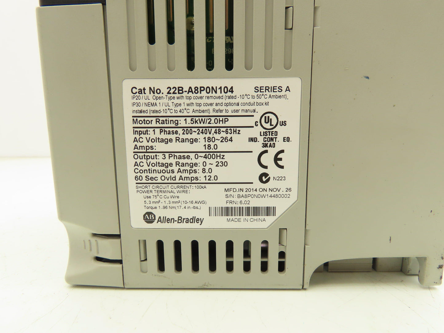 Allen Bradley 22B-A8P0N104 PowerFlex 40 Variable AC Drive VFD 2Hp 240V 1PH Input