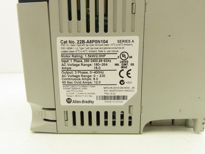 Allen Bradley 22B-A8P0N104 PowerFlex 40 Variable AC Drive VFD 2Hp 240V 1PH Input