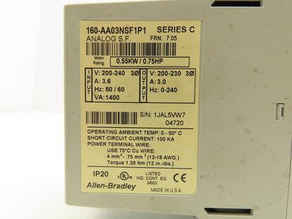Allen Bradley 160-AA03NSF1 Variable Speed AC Drive VFD .75HP 240V 1PH Input