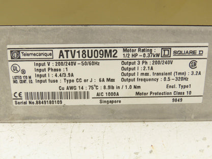Square D Telemecanique ATV18U09M2 ALTIVAR 18 Variable AC Drive VFD .5Hp 240V 1PH