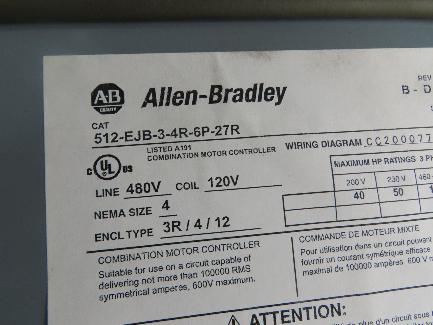 Allen Bradley 512-EJB-3-4R-6P-27R Combination Motor Starter Size 4  100Hp 480V