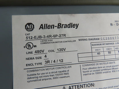 Allen Bradley 512-EJB-3-4R-6P-27R Combination Motor Starter Size 4  100Hp 480V