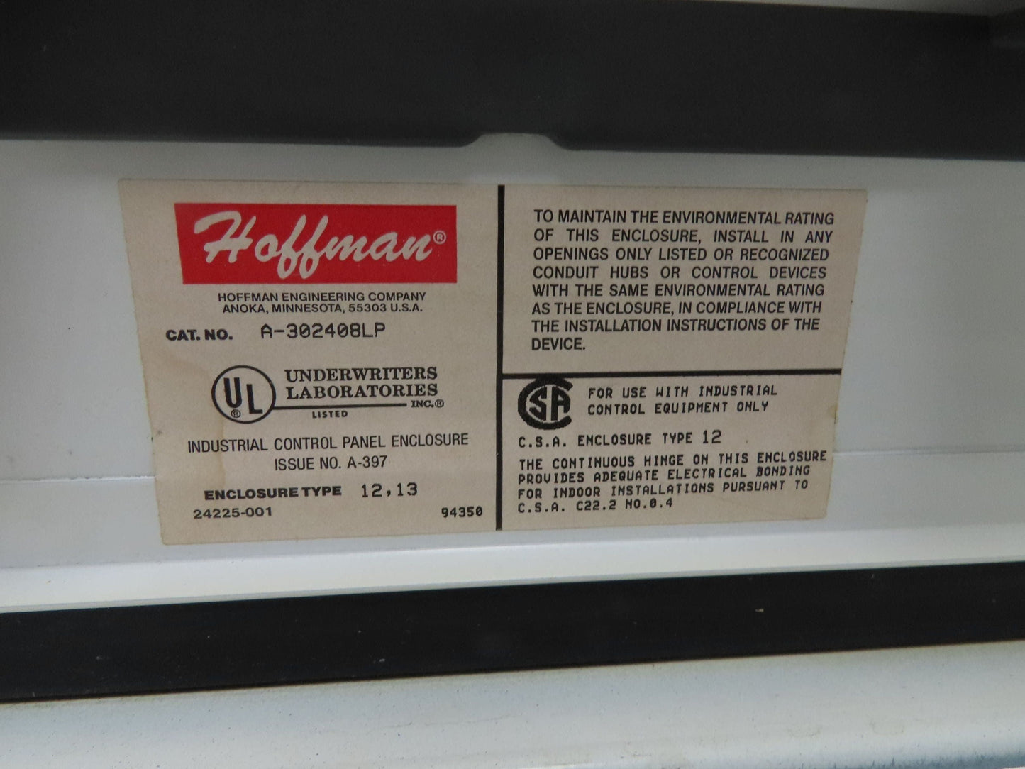 Hoffman A302408LP Electrical Enclosure Control Panel 30x24x8" Backplate