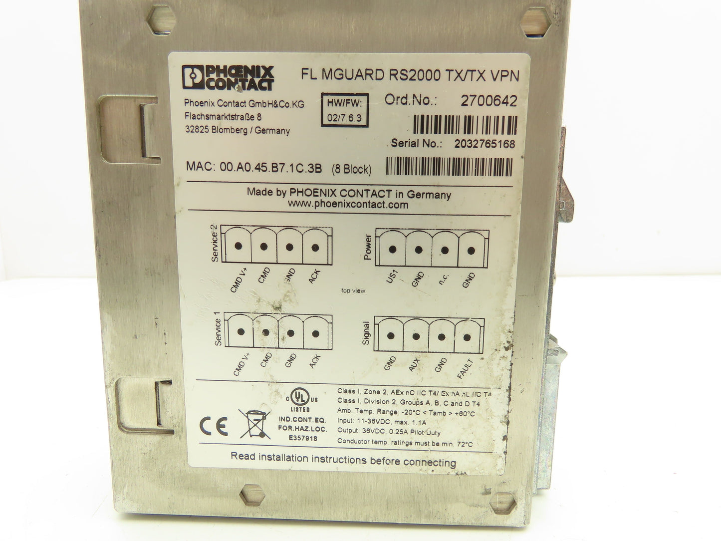 Phoenix Contact FL MGUARD RS2000 TX/TX VPN PLC Remote Maintenance Router Module