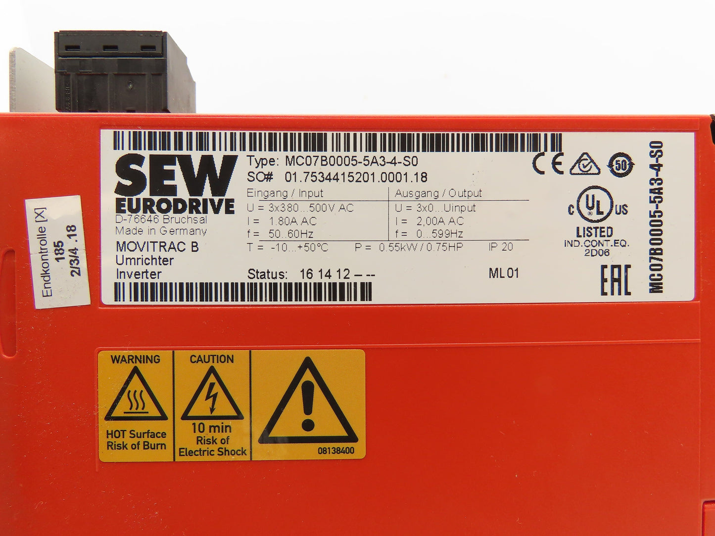 Sew Eurodrive MC07B0005-5A3-4-S0 Movitrac B Inverter Drive .75Hp .55kW 500V 3PH