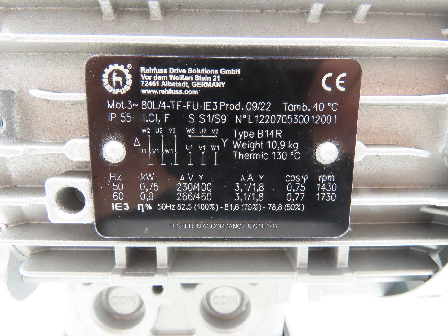 Rehfuss 80L/4-TF-FU-IE3 Gearmotor 0.9kW 230/460V 285 RPM 3PH Hollow Shaft