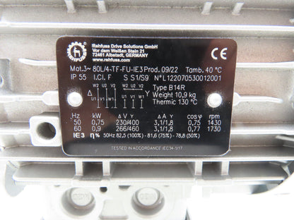 Rehfuss 80L/4-TF-FU-IE3 Gearmotor 0.9kW 230/460V 285 RPM 3PH Hollow Shaft