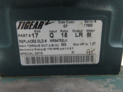Reliance Dodge Tigear Gearmotor 1Hp 460V 3PH 15:1 Reducer 115 RPM Dual Shaft 56C