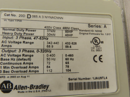 Allen Bradley 20DD065A3NYNACNNN PowerFlex 700S AC Drive VFD 50Hp 480V 3PH Ser A