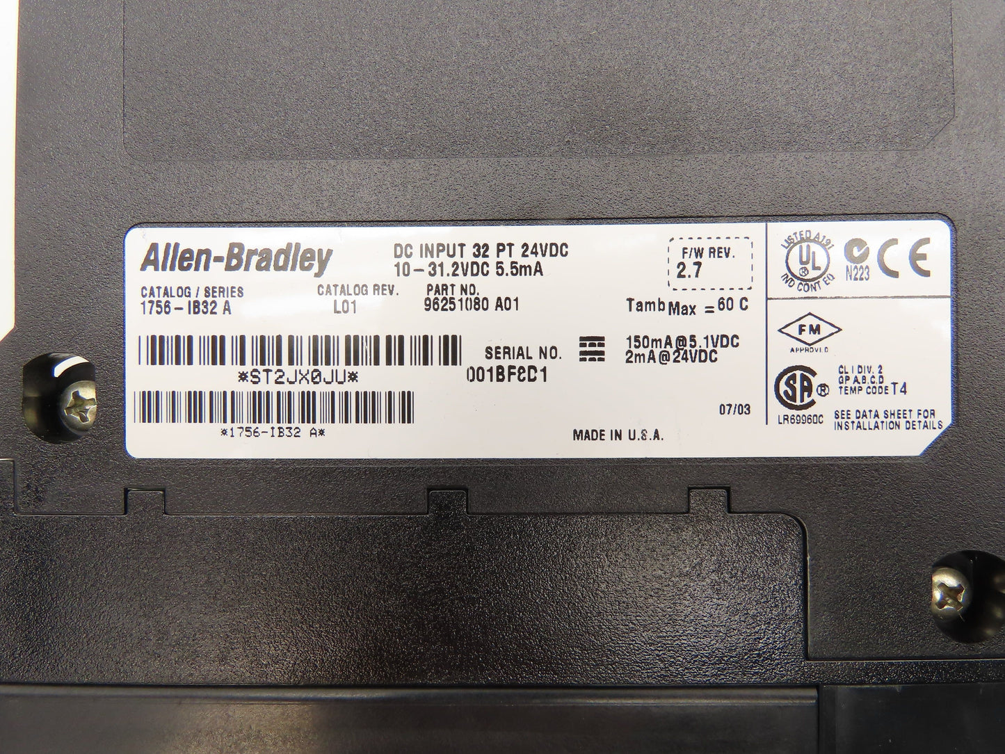 Allen Bradley 1756-IB32/A ControlLogix Input Module L01 32 Point 24VDC Ser.A