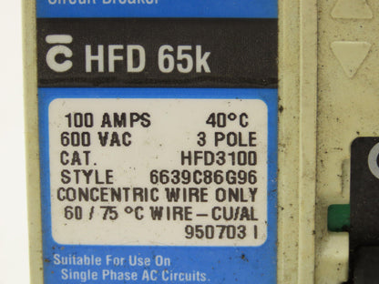 Westinghouse HFD3100 Industrial Circuit Breaker 100 Amp 600V 3 Pole