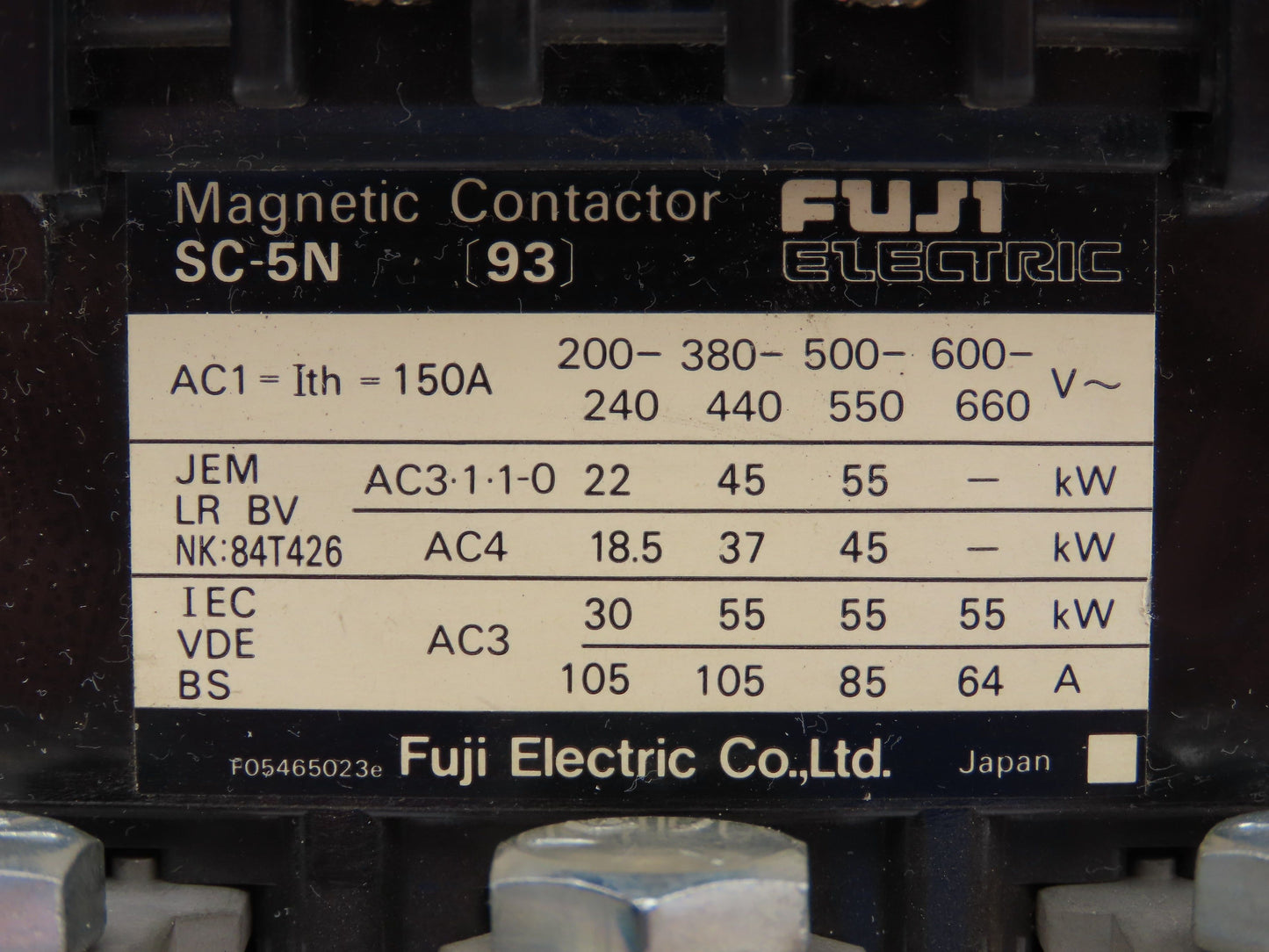 Fuji Electric SC-5N Motor Starter Magnetic Contactor 600V 3Ph 93A 110V Coil