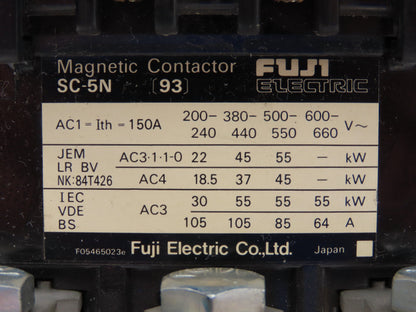 Fuji Electric SC-5N Motor Starter Magnetic Contactor 600V 3Ph 93A 110V Coil