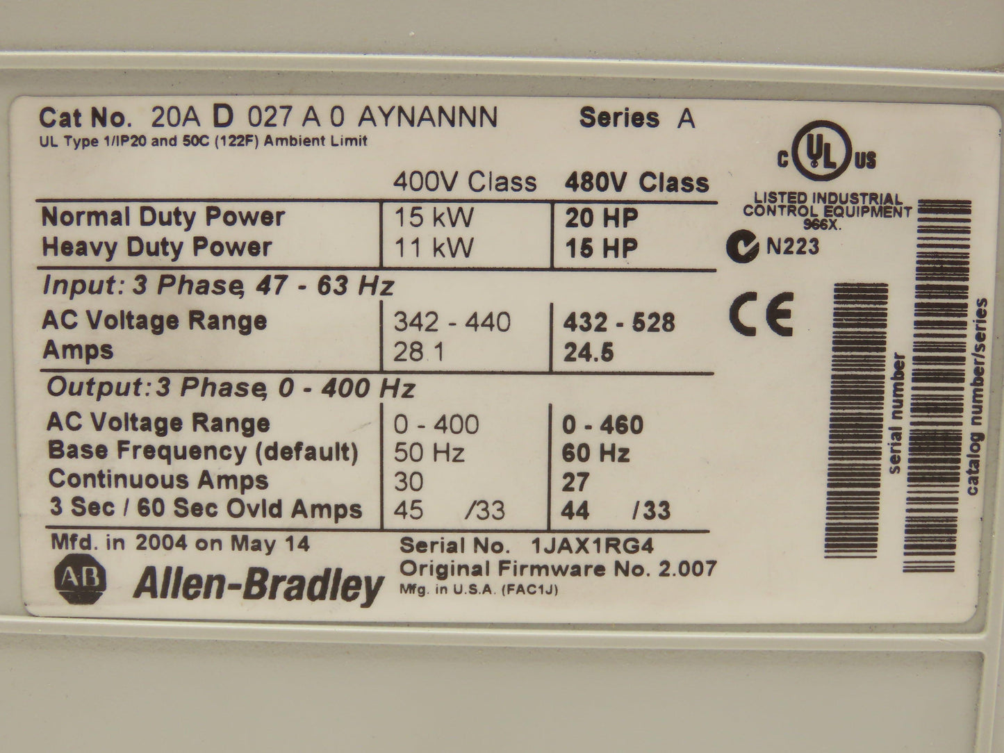 Allen Bradley 20AD027A0AYNANNN Powerflex 70 VFD Variable Speed Drive 480V 20Hp