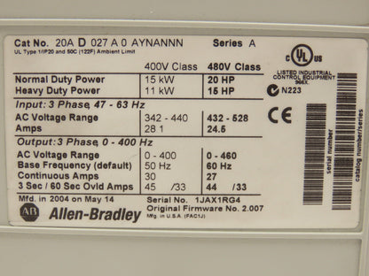 Allen Bradley 20AD027A0AYNANNN Powerflex 70 VFD Variable Speed Drive 480V 20Hp