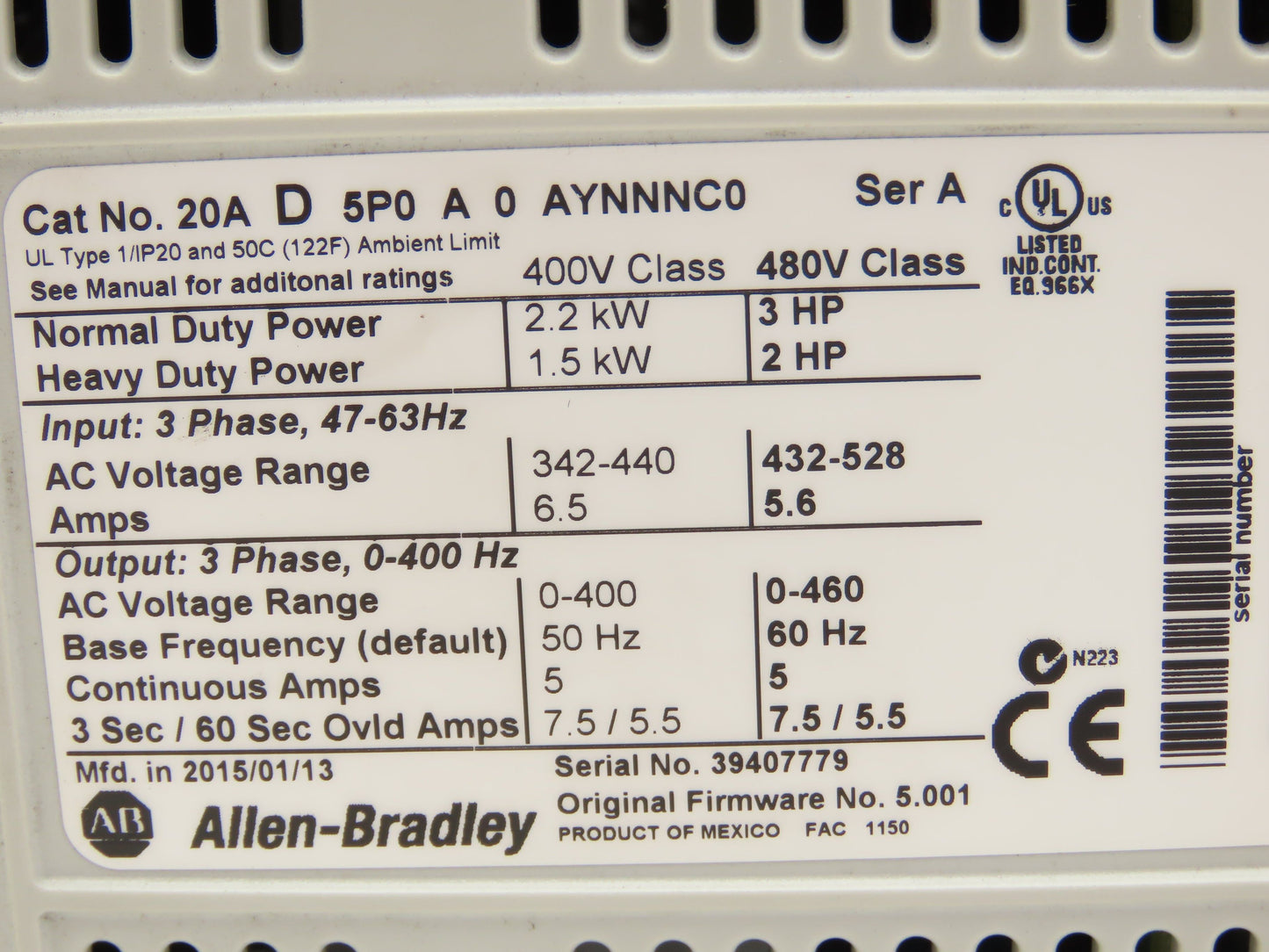 Allen Bradley 20AD5P0A0AYNNNC0 PowerFlex 70 Variable AC Drive VFD 3Hp 480V 3PH