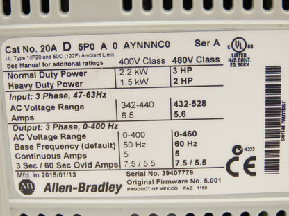 Allen Bradley 20AD5P0A0AYNNNC0 PowerFlex 70 Variable AC Drive VFD 3Hp 480V 3PH