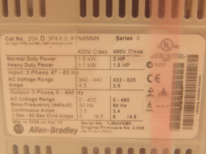 Allen Bradley 20AD3P4A0AYNANNN PowerFlex 70 Variable AC Drive VFD 2Hp 480V 3PH