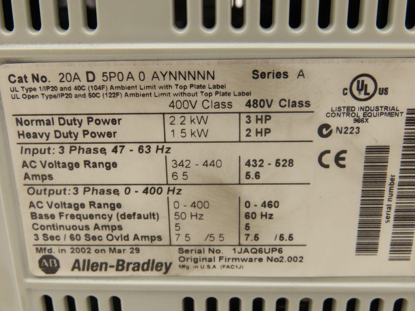 Allen Bradley 20AD5P0A0AYNNNNN PowerFlex 70 Variable AC Drive VFD 3Hp 480V 3PH
