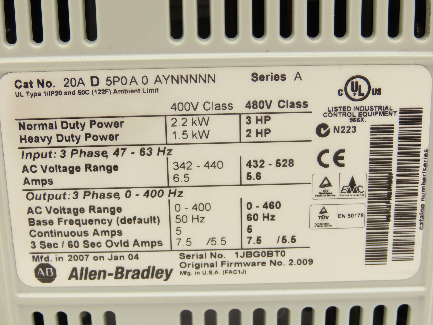 Allen Bradley 20AD5P0A0AYNNNNN PowerFlex 70 Variable AC Drive VFD 3Hp 480V 3PH