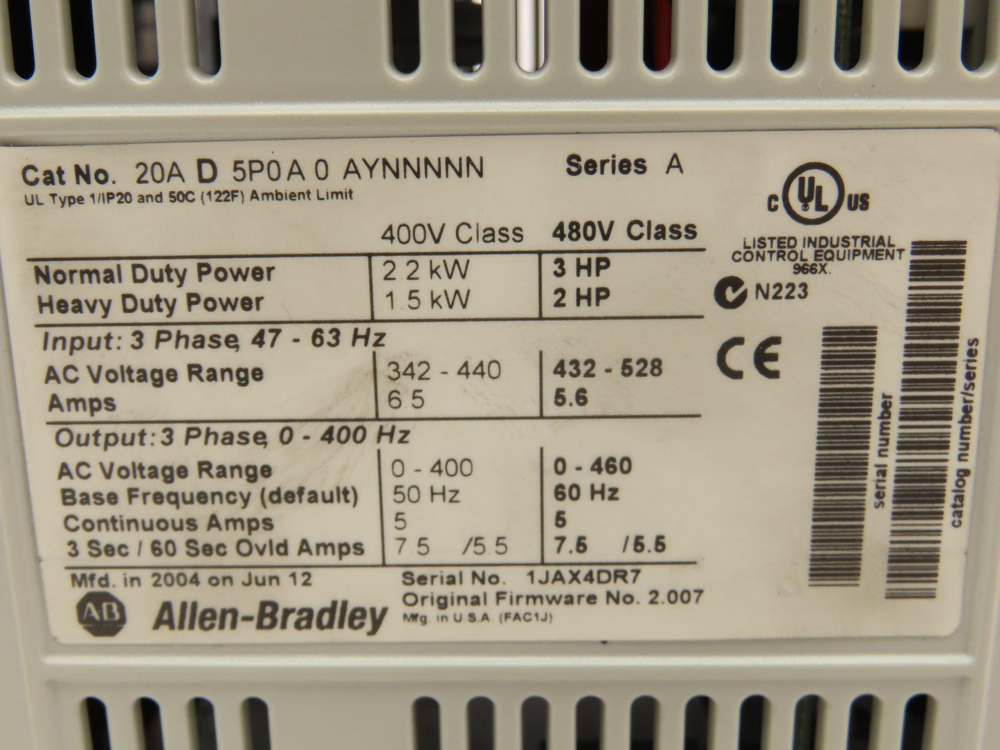 Allen Bradley 20AD5P0A0AYNNNNN PowerFlex 70 Variable AC Drive VFD 3Hp 480V 3PH
