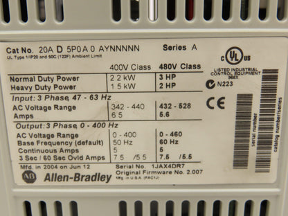 Allen Bradley 20AD5P0A0AYNNNNN PowerFlex 70 Variable AC Drive VFD 3Hp 480V 3PH