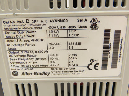 Allen Bradley 20AD3P4A0AYNNNC0 PowerFlex 70 Variable AC Drive VFD 2Hp 480V 3Ph