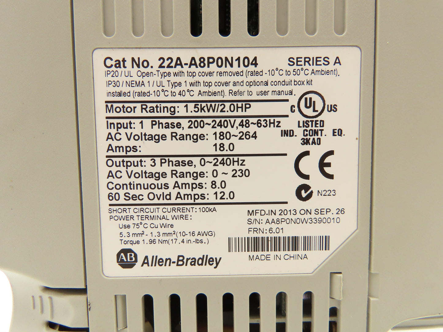 Allen Bradley 22A-A8P0N104 PowerFlex 4 Variable AC Drive VFD 2Hp 240V 1PH Input