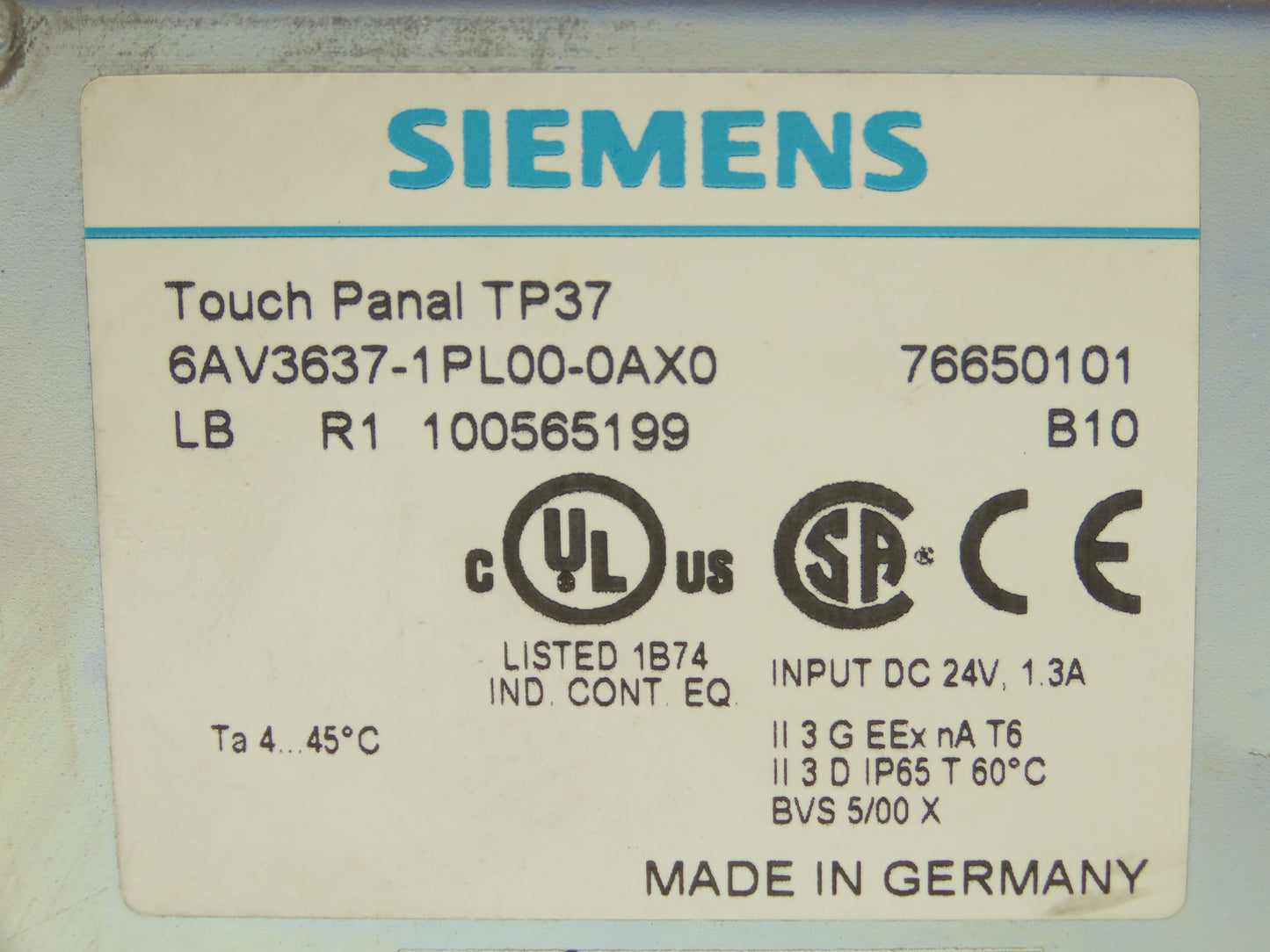Siemens 6AV3637-1PL00-0AX0 Simatic TP37 Touch Panel Display 24VDC TP37