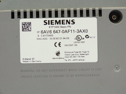 Siemens 6AV6647-0AF11-3AX0 Simatic KTP1000 HMI 10" Touch Control Panel