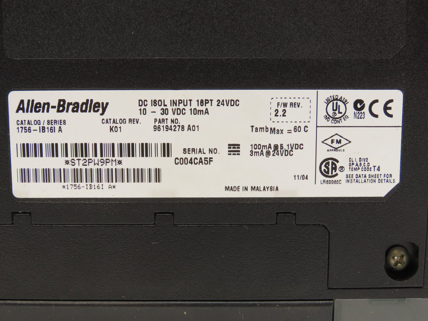 Allen Bradley 1756-IB161 DC Isolated Input Module 16PT REV K01 F/W REV 2.2 Ser A