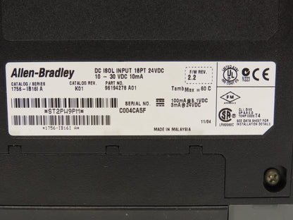 Allen Bradley 1756-IB161 DC Isolated Input Module 16PT REV K01 F/W REV 2.2 Ser A