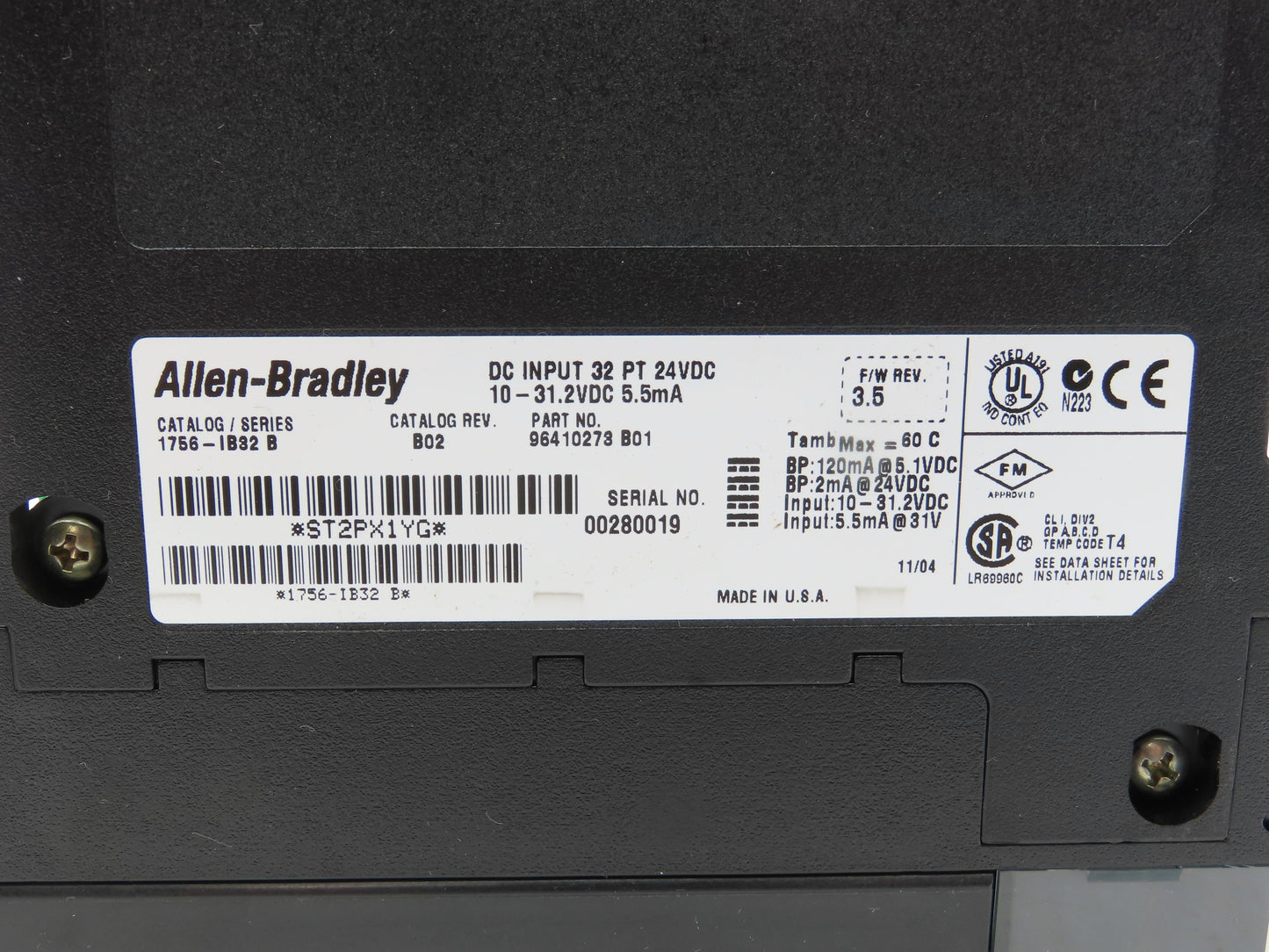 Allen Bradley 1756-IB32 ControlLogix DC Input Module 32pt F/W 3.5 REV B02 Ser B