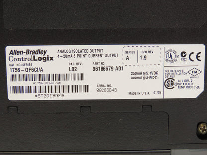 Allen Bradley 1756-OF6CI ControlLogix Analog Isolated Output 6 Point Ser A