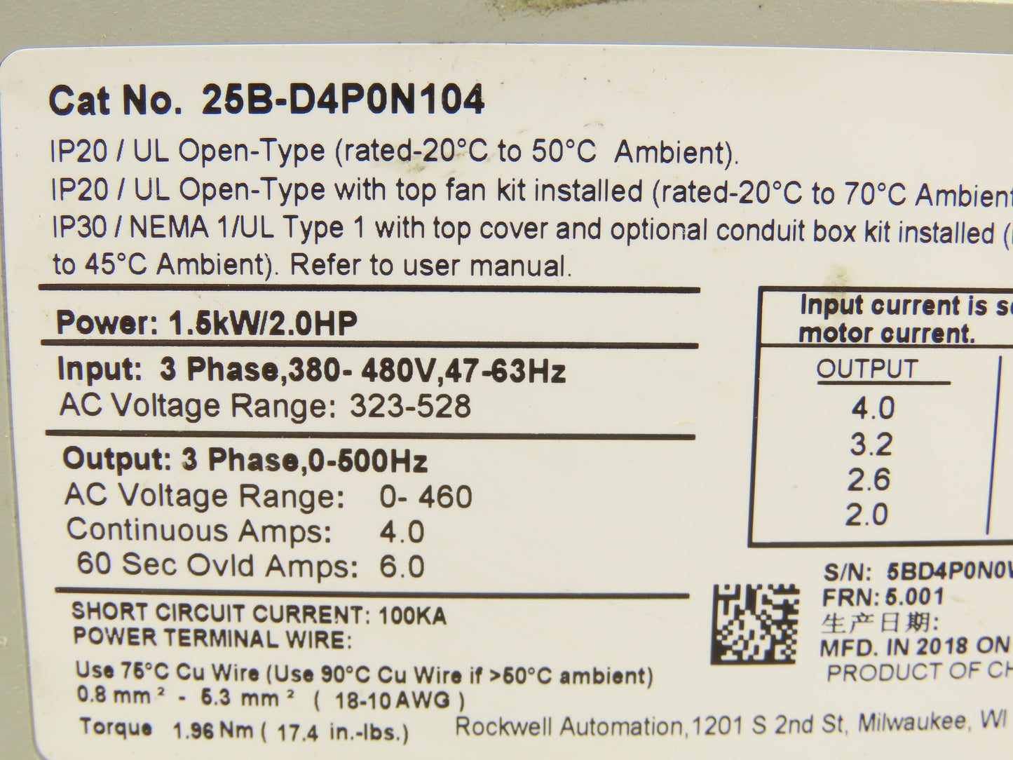 Allen Bradley 25B-D4P0N104 Power Flex 525 AC Drive 380-480V 1.5kW 2Hp 3Ph Ser A