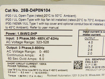 Allen Bradley 25B-D4P0N104 Power Flex 525 AC Drive 380-480V 1.5kW 2Hp 3Ph Ser A