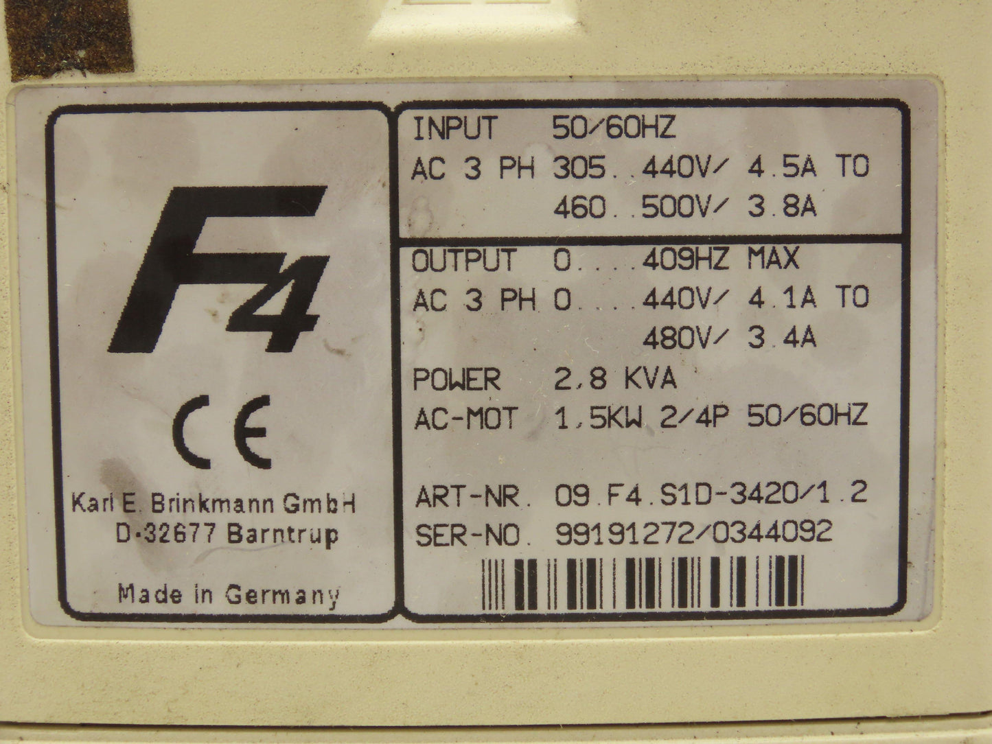 KEB 09.F4.S1D-3420 V1.2 Combivert AC Drive 3PH 2.8KVA 480V 3.4A