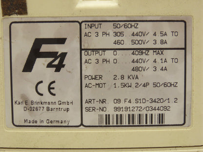 KEB 09.F4.S1D-3420 V1.2 Combivert AC Drive 3PH 2.8KVA 480V 3.4A