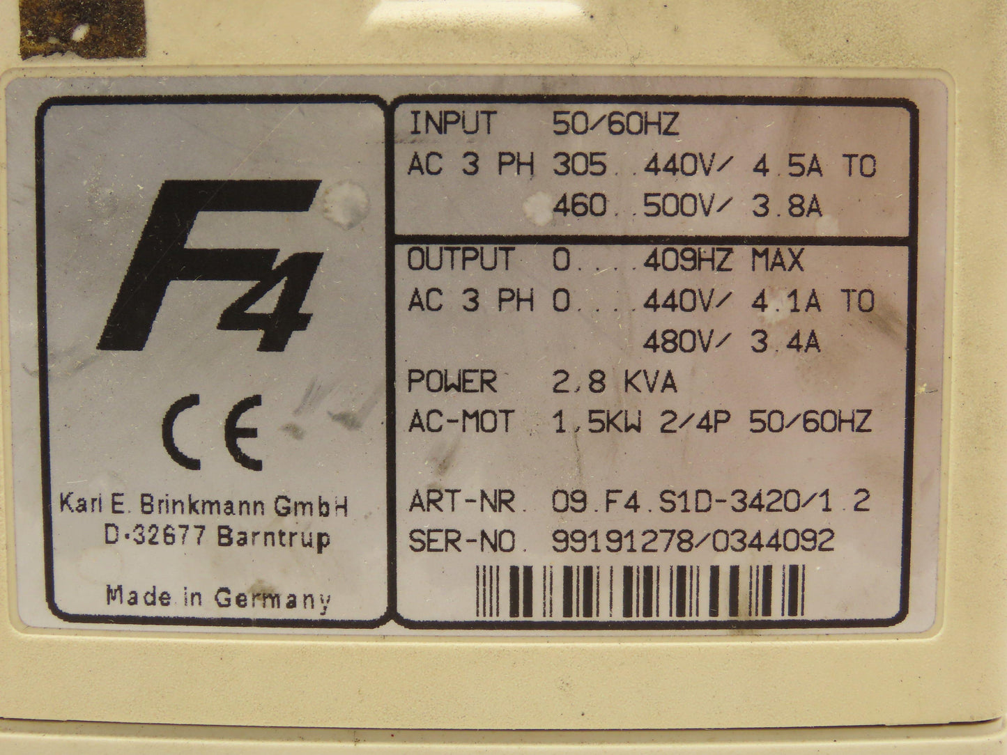 KEB 09.F4.S1D-3420 V1.2 Combivert AC Inverter Drive 3PH 2.8KVA 480V 3.4A