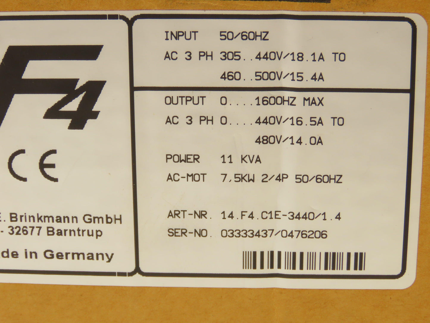 KEB 14.F4.C1E-3440 V1.4 Combivert AC Drive 3PH 11KVA 480V 14A 7.5KW