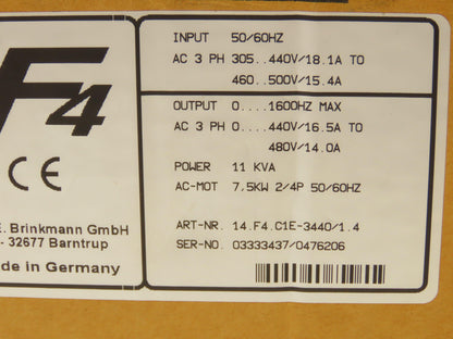 KEB 14.F4.C1E-3440 V1.4 Combivert AC Drive 3PH 11KVA 480V 14A 7.5KW