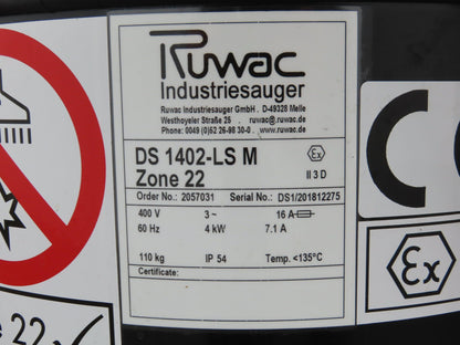 Ruwac DS 1402 LS M Industrial Mobile Vacuum 440 CBM/H 213mbar 3Ph 400V 4kw