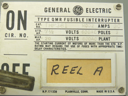 GE THP361 Fusible Panelboard Disconnect Switch Twin QMR 30A 600V 3 Pole
