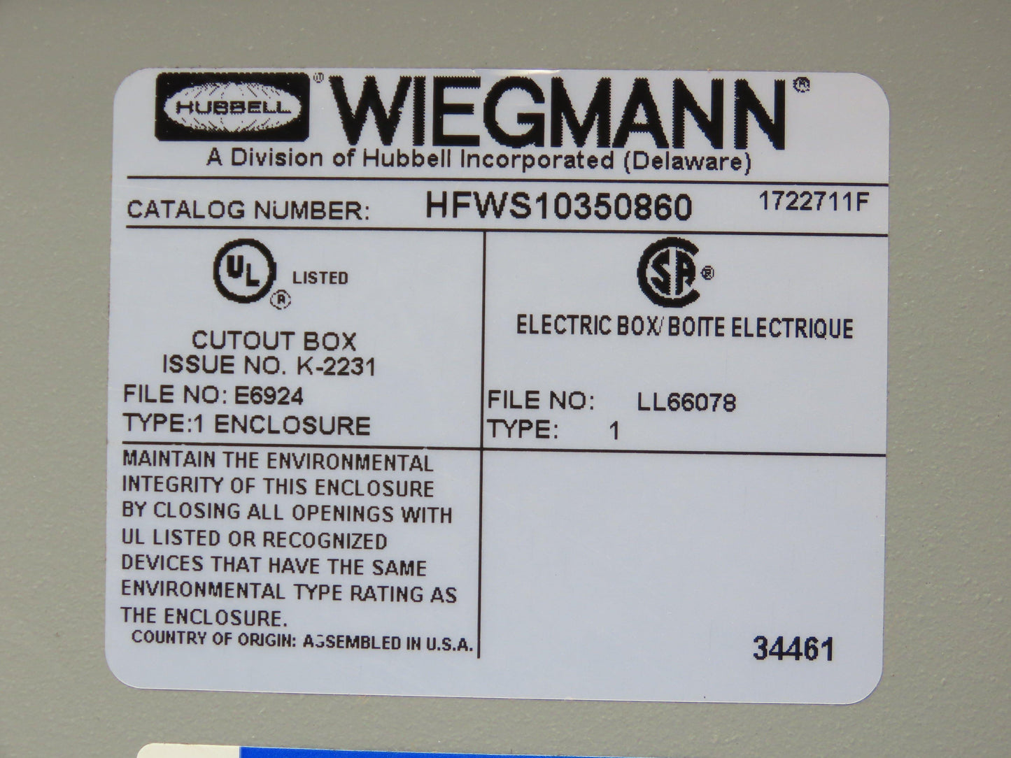 Wiegmann HFWS10350860 Electrical Enclosure JIC 14x12x6" NEMA Type 1
