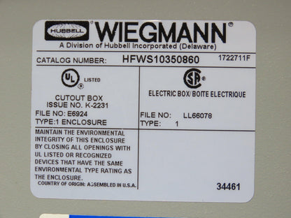 Wiegmann HFWS10350860 Electrical Enclosure JIC 14x12x6" NEMA Type 1